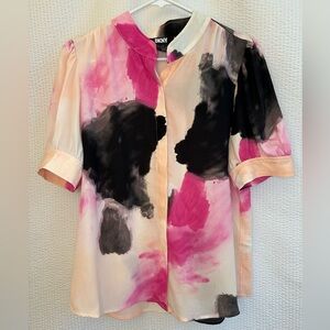 DKNY Women's Pink Black Cream Short Sleeve Blouse Size: Medium